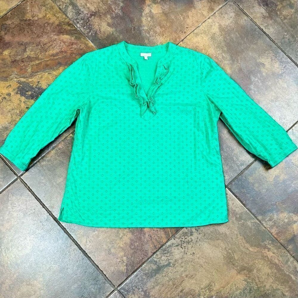 Talbots Green Texture Dots V-neck Ruffle Blouse Medium - Picture 6 of 11